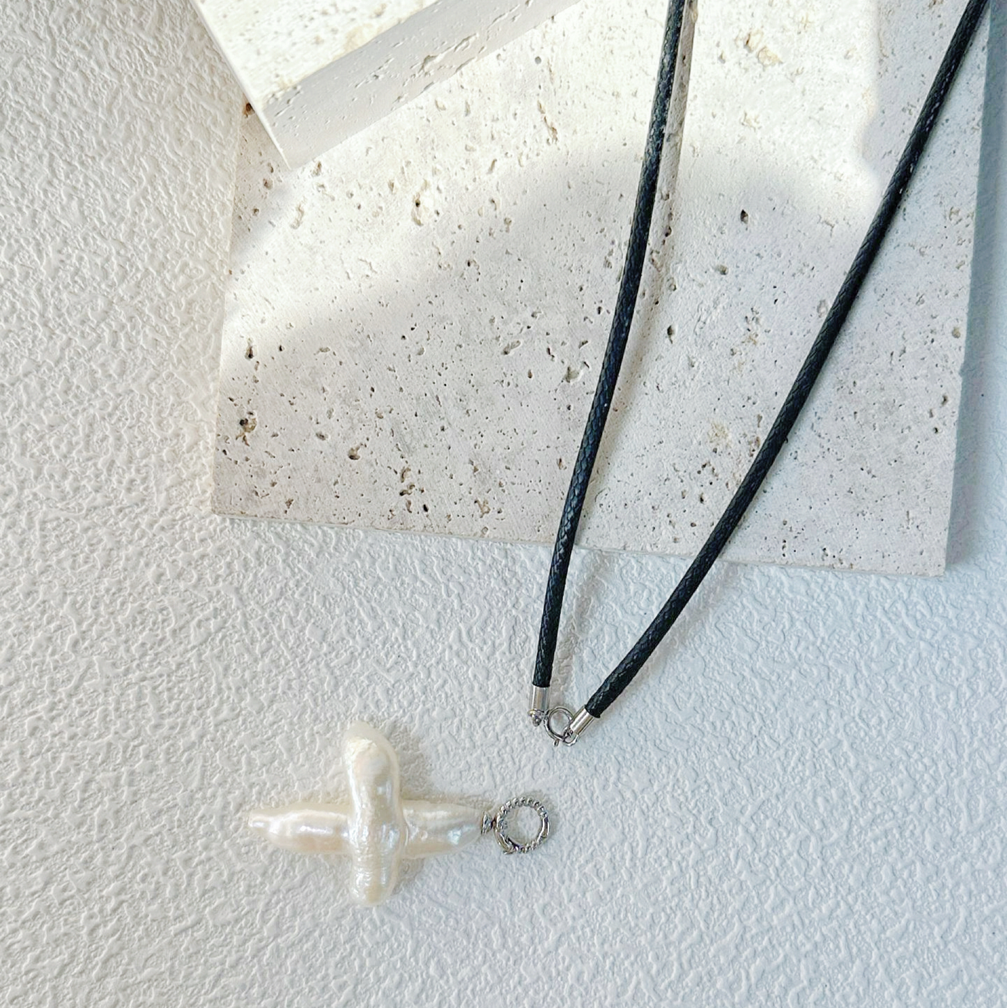Cross-Shape Baroque Freshwater Pearl Leather Cord Necklace