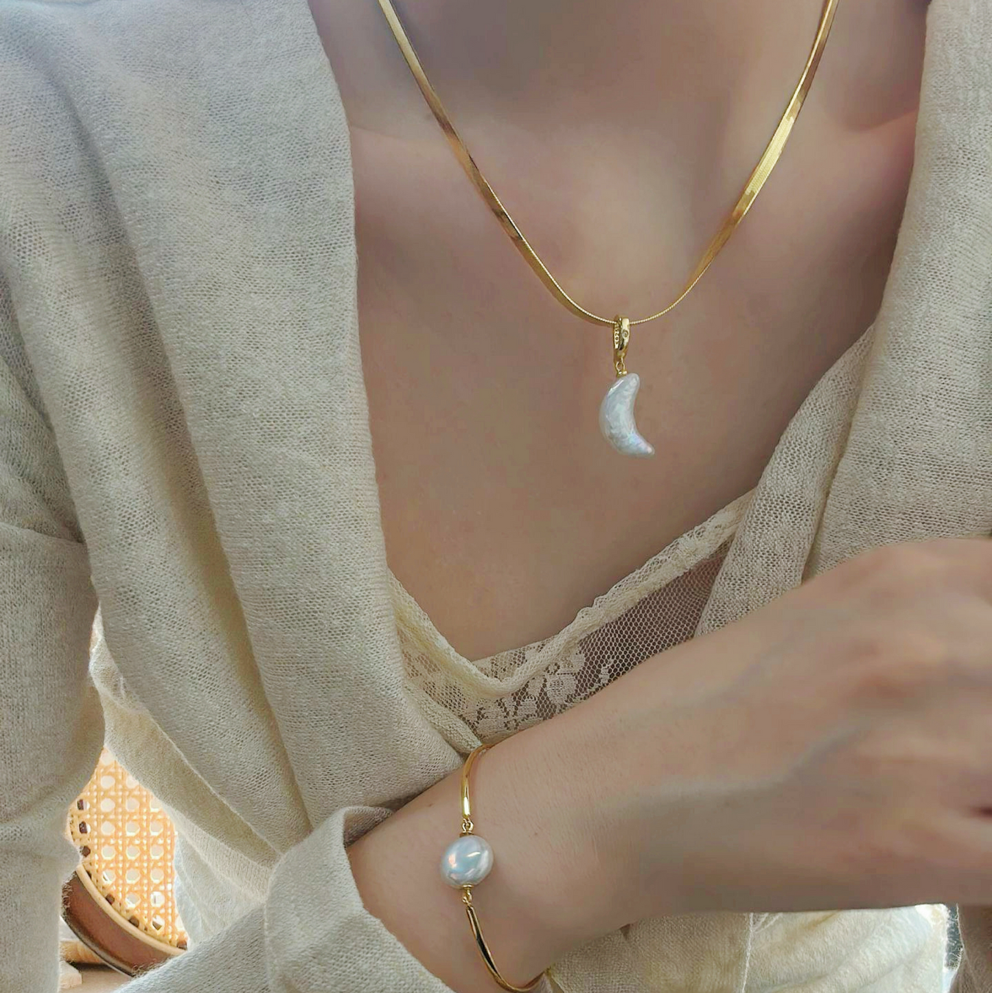 Moon-Shaped Baroque Freshwater Pearl Snake Bone Necklace
