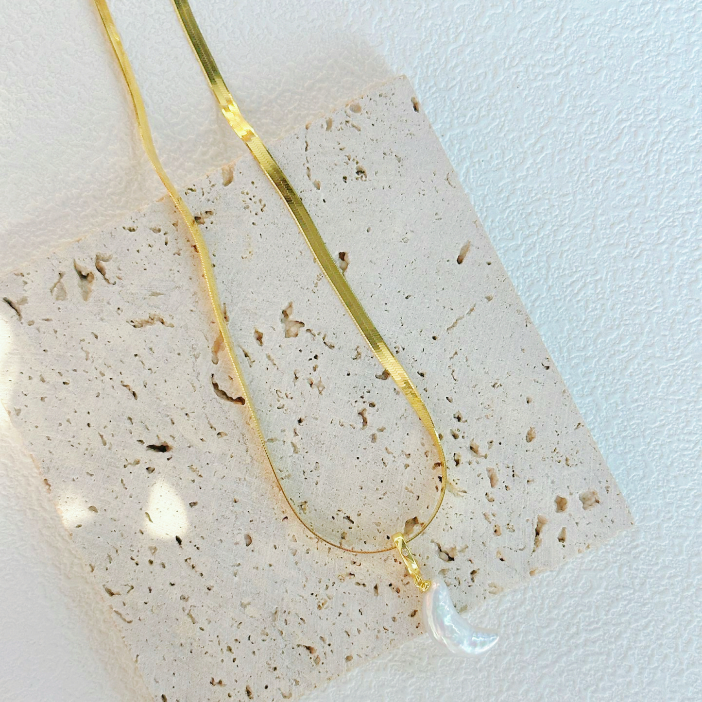 Moon-Shaped Baroque Freshwater Pearl Snake Bone Necklace