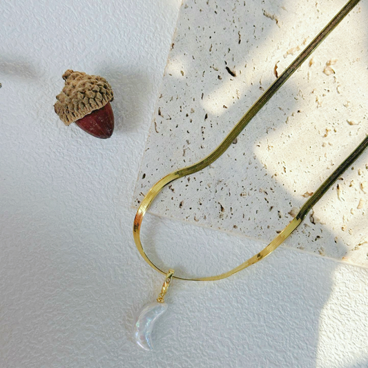 Moon-Shaped Baroque Freshwater Pearl Snake Bone Necklace