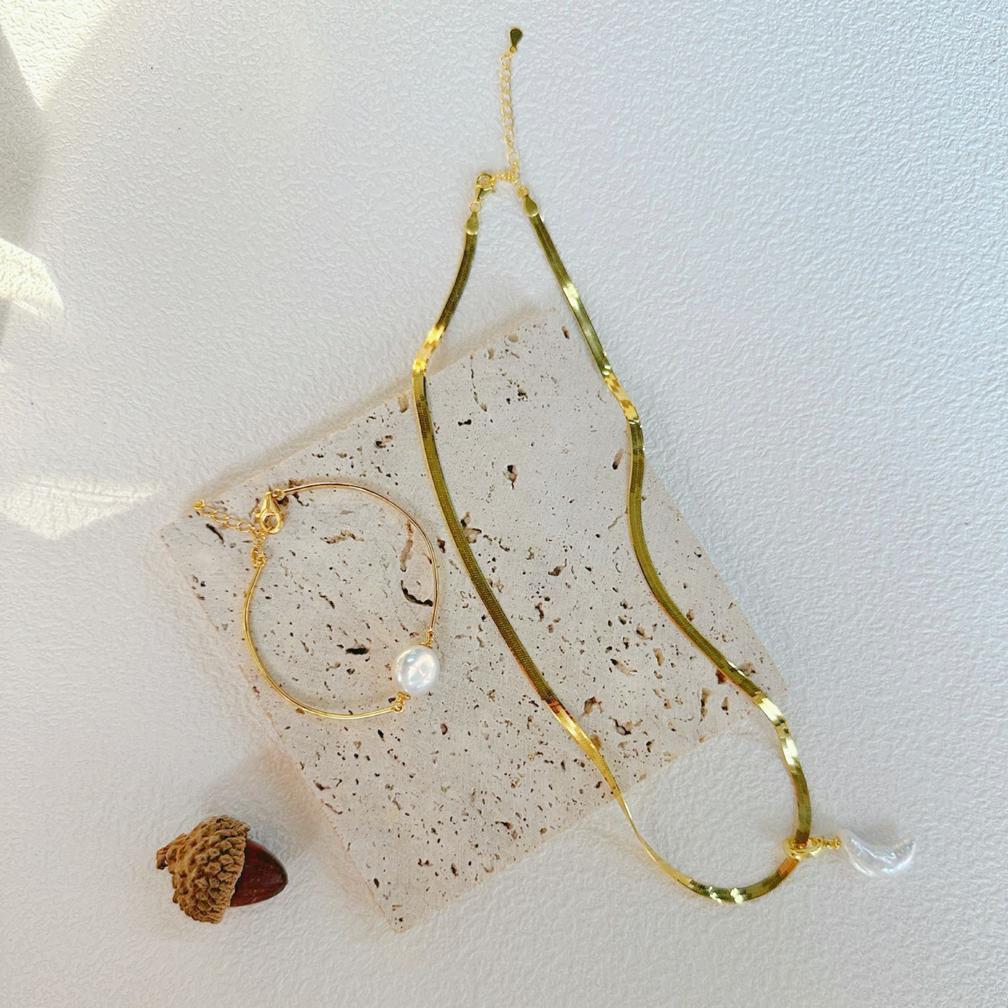 Moon-Shaped Baroque Freshwater Pearl Snake Bone Necklace