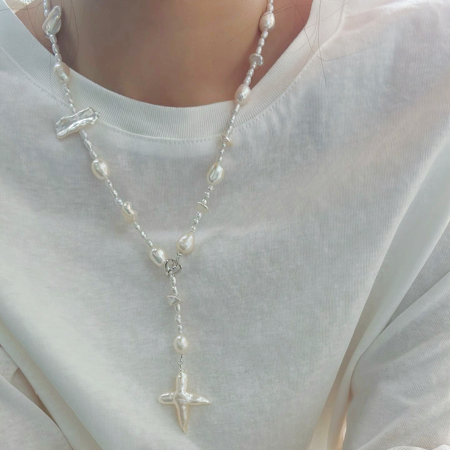 Cross-Shape Baroque Freshwater Pearl 'Scattered Starlight' Necklace