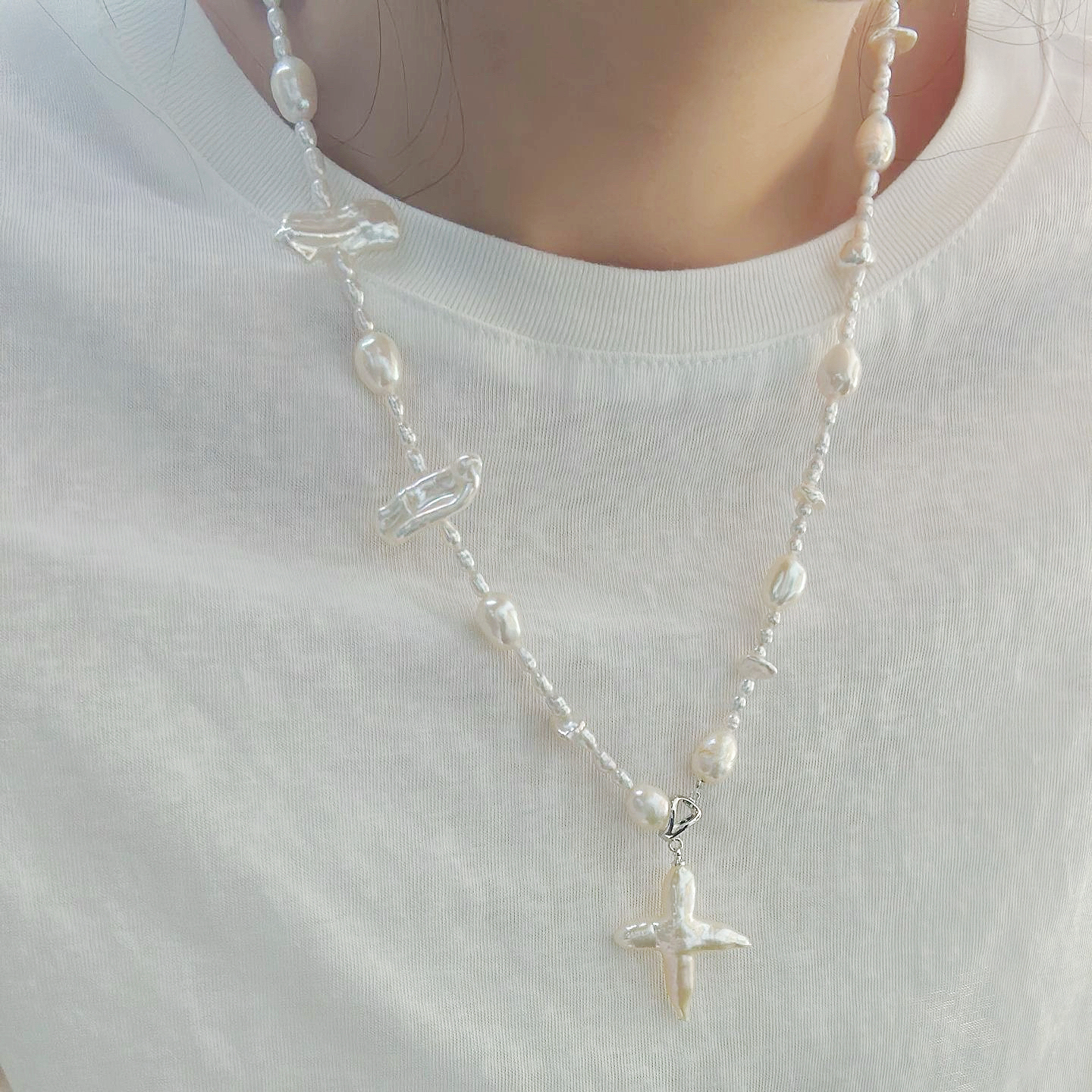 Cross-Shape Baroque Freshwater Pearl 'Scattered Starlight' Necklace