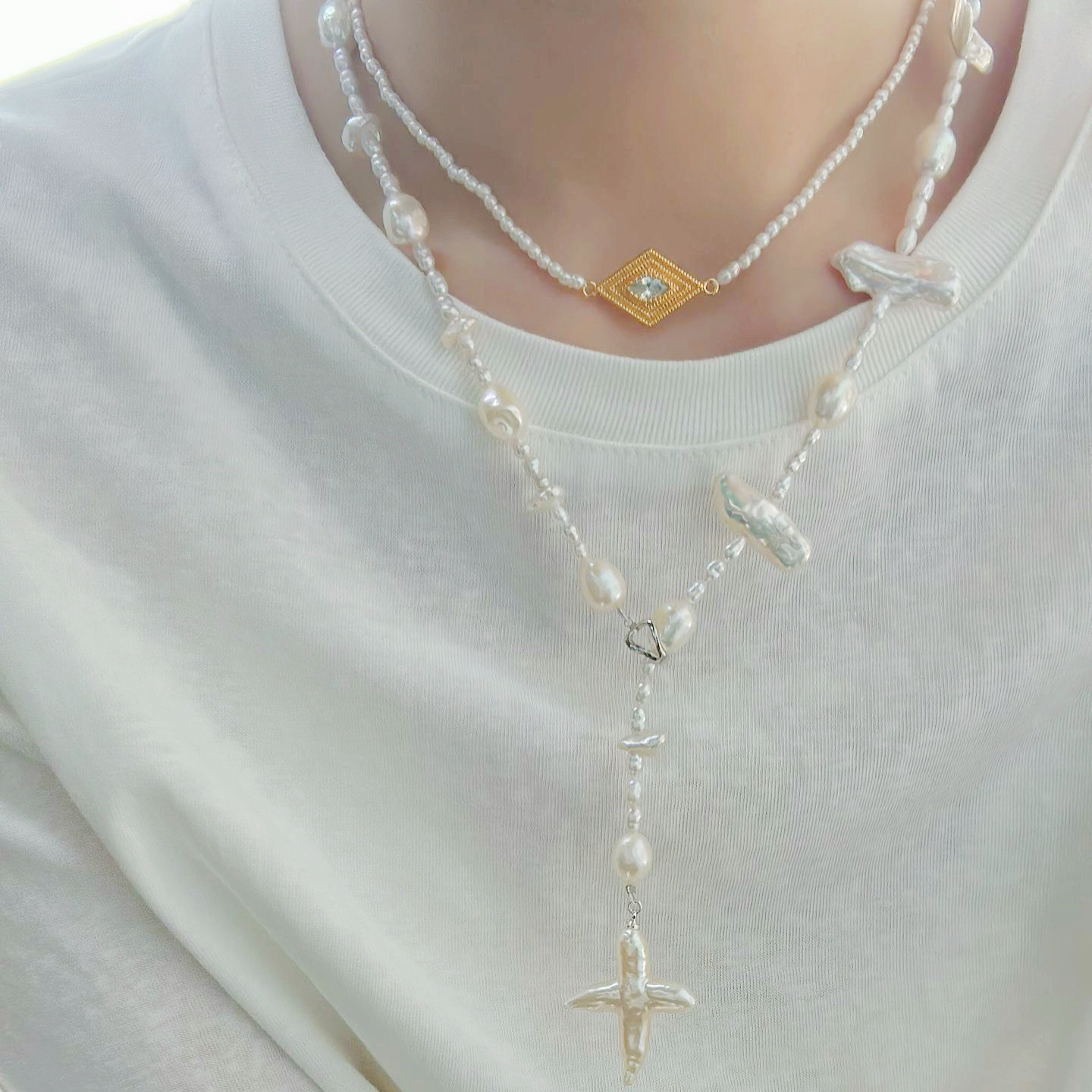 Cross-Shape Baroque Freshwater Pearl 'Scattered Starlight' Necklace
