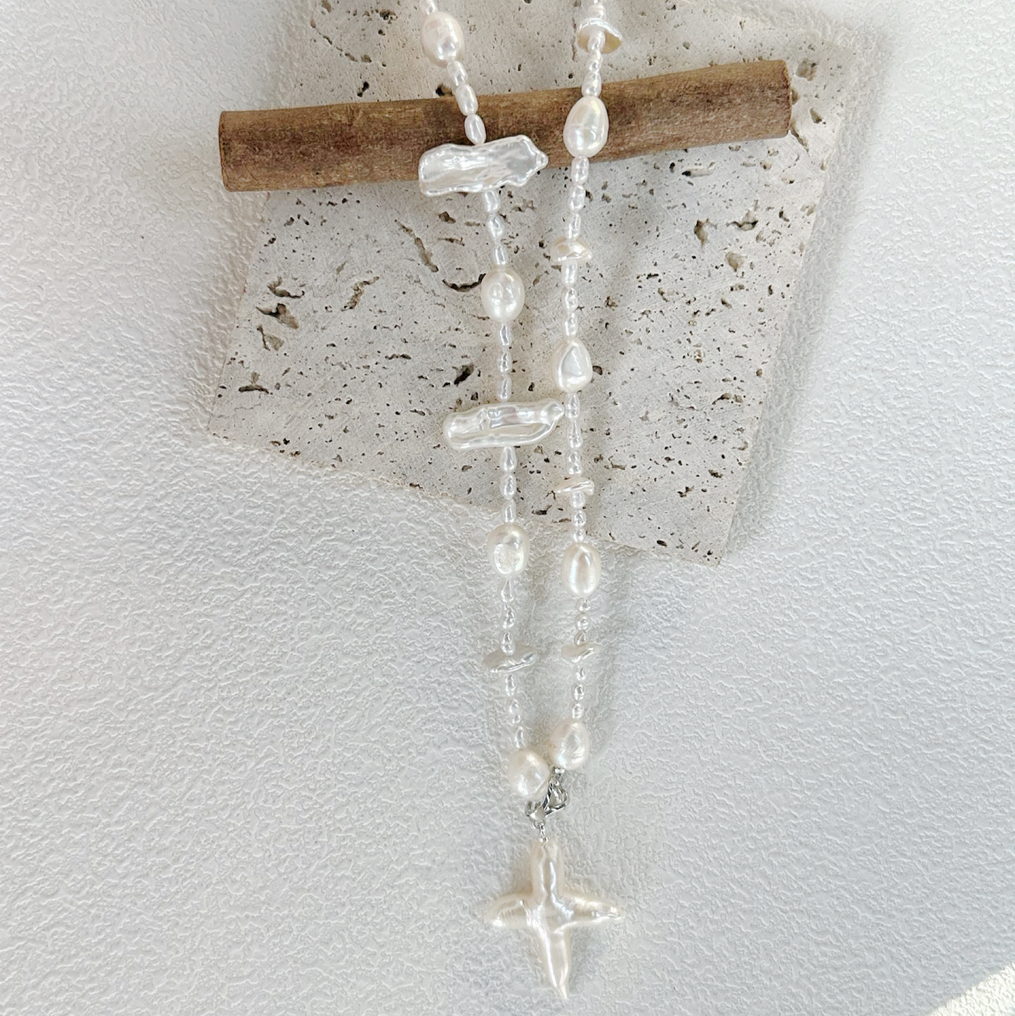 Cross-Shape Baroque Freshwater Pearl 'Scattered Starlight' Necklace