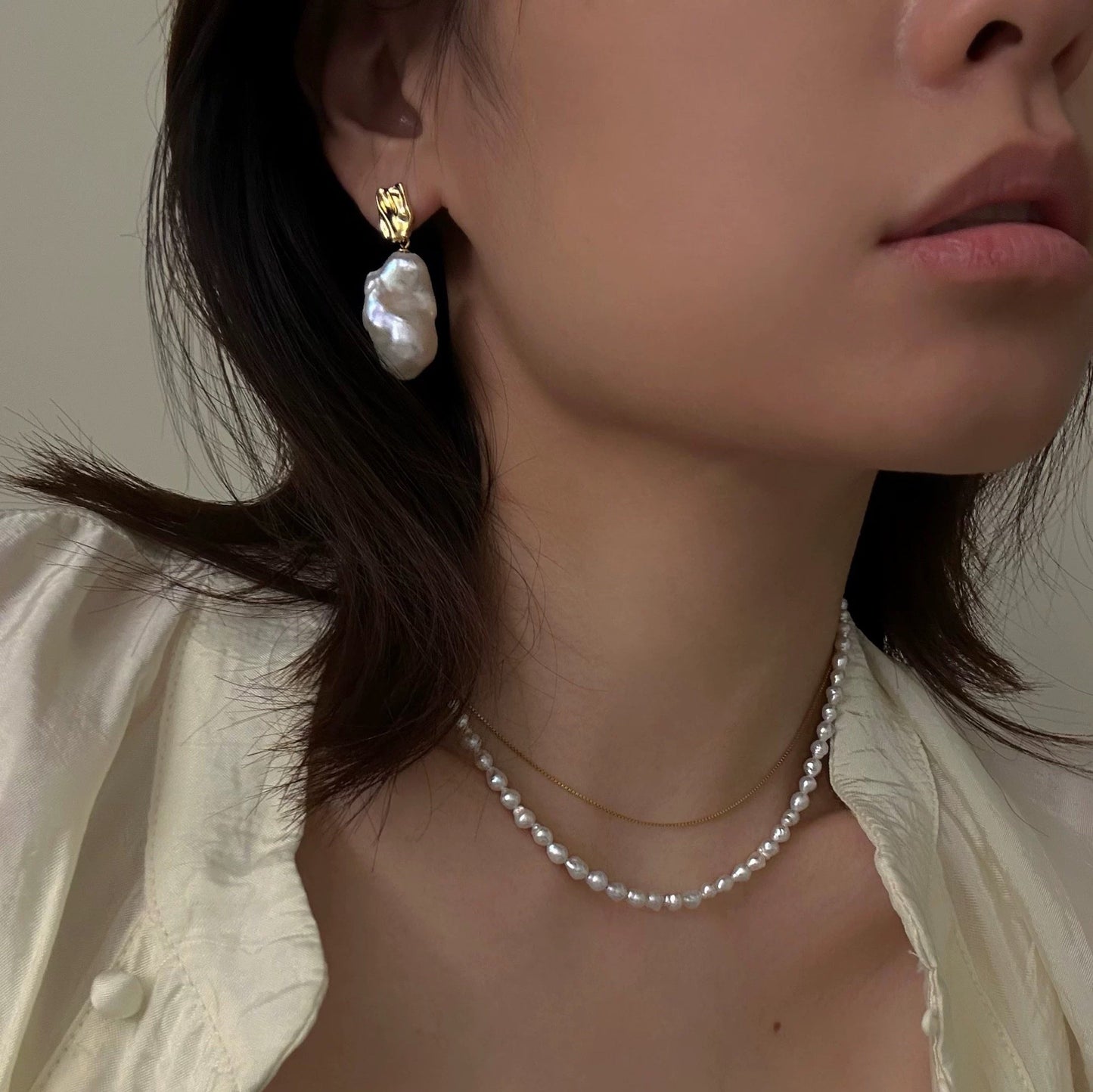 19-22mm Large Baroque Freshwater Pearl Metal Drop Earrings