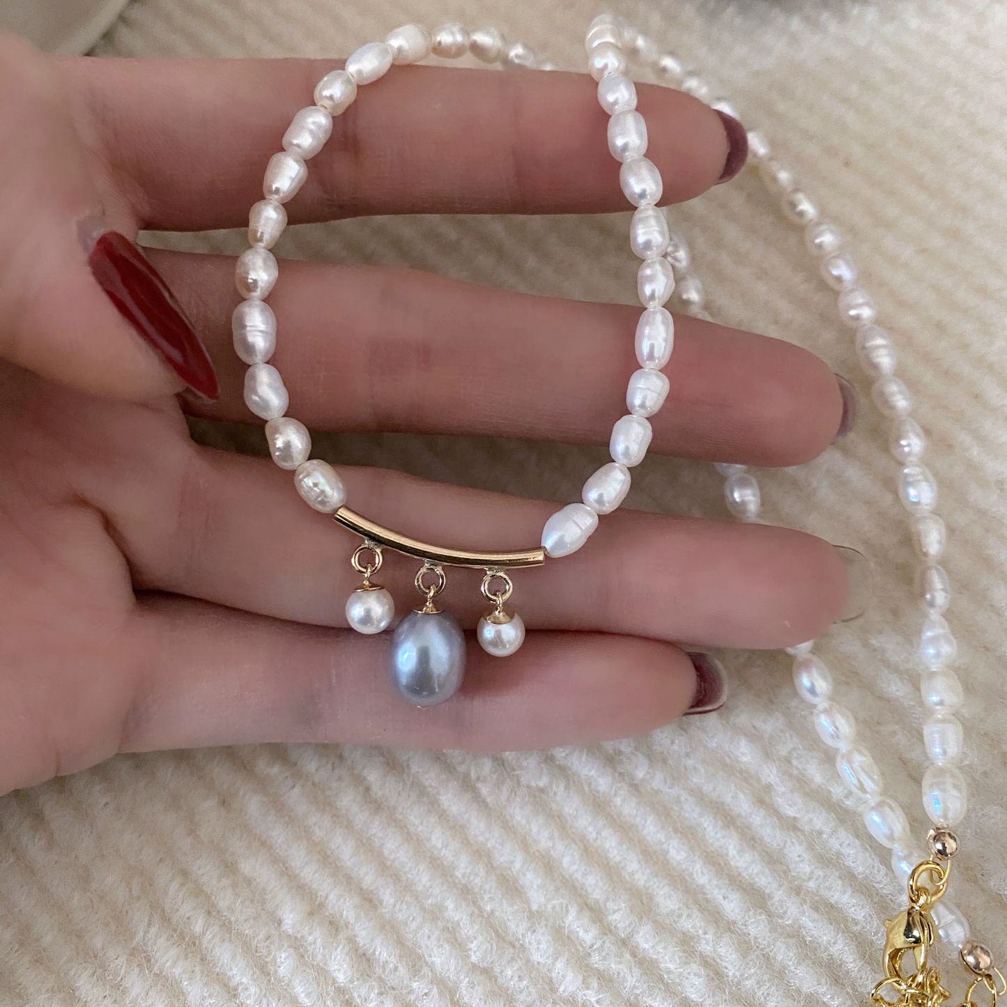 4-5mm Oval-Shaped Baroque Freshwater Pearl Charm Three Bead Necklace